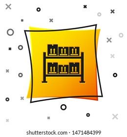 Black Warehouse icon isolated on white background. Yellow square button. Vector Illustration