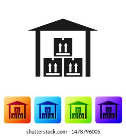 Black Warehouse icon isolated on white background. Set icons in color square buttons. Vector Illustration