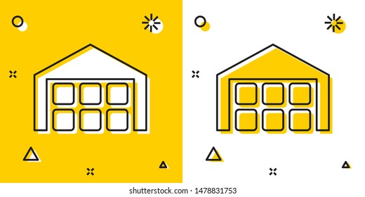 Black Warehouse icon isolated on yellow and white background. Random dynamic shapes. Vector Illustration