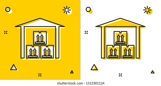 Black Warehouse icon isolated on yellow and white background. Random dynamic shapes. Vector Illustration