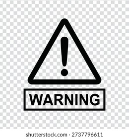 A black warning sign icon featuring a triangle with an exclamation mark and the word WARNING below, set against a transparent background with a subtle grey and white checkerboard pattern