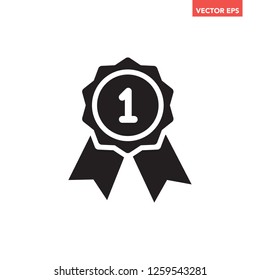 Black warranty award with ribbon top number 1 icon, simple approved value flat design infographic pictogram vector, app lebel logo web button tag ui ux interface elements isolated on white background