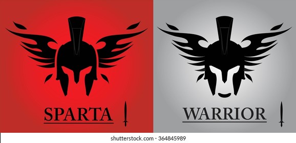 Black Warrior Head. front view of winged warrior head combine with text and sword icon. isolated sparta helmet. Suitable for team identity, mascot, community icon, product identity, etc.