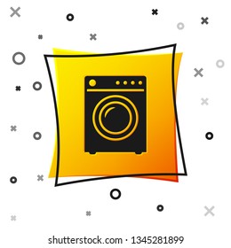 Black Washer icon isolated on white background. Washing machine icon. Clothes washer - laundry machine. Home appliance symbol. Yellow square button. Vector Illustration