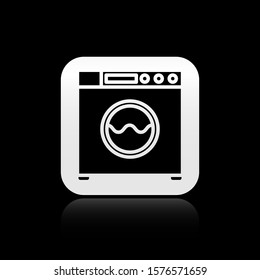 Black Washer icon isolated on black background. Washing machine icon. Clothes washer - laundry machine. Home appliance symbol. Silver square button. Vector Illustration