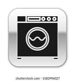 Black Washer icon isolated on white background. Washing machine icon. Clothes washer - laundry machine. Home appliance symbol. Silver square button. Vector Illustration
