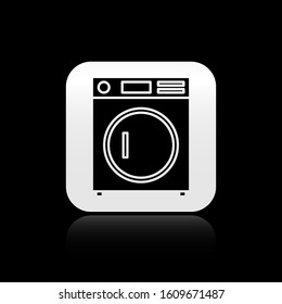 Black Washer icon isolated on black background. Washing machine icon. Clothes washer - laundry machine. Home appliance symbol. Silver square button. Vector Illustration