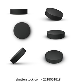 Black washers hockey puck front side back view set realistic vector illustration. Ice game competition stadium play competitive goal round rubber tool. Circle detail arena sport leisure activity