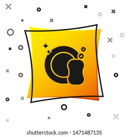 Black Washing dishes icon isolated on white background. Plate and sponge. Cleaning dishes icon. Dishwasher sign. Clean tableware sign. Yellow square button. Vector Illustration