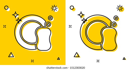 Black Washing dishes icon isolated on yellow and white background. Plate and sponge. Cleaning dishes icon. Dishwasher sign. Clean tableware sign. Random dynamic shapes. Vector Illustration