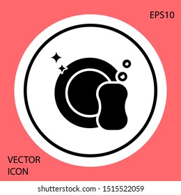 Black Washing dishes icon isolated on red background. Plate and sponge. Cleaning dishes icon. Dishwasher sign. Clean tableware sign. White circle button. Vector Illustration
