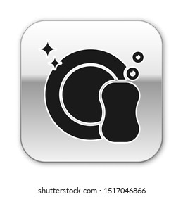 Black Washing dishes icon isolated on white background. Plate and sponge. Cleaning dishes icon. Dishwasher sign. Clean tableware sign. Silver square button. Vector Illustration