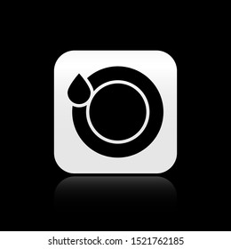Black Washing dishes icon isolated on black background. Plate and sponge. Cleaning dishes icon. Dishwasher sign. Clean tableware sign. Silver square button. Vector Illustration