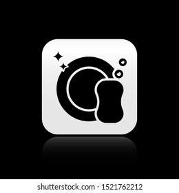 Black Washing dishes icon isolated on black background. Plate and sponge. Cleaning dishes icon. Dishwasher sign. Clean tableware sign. Silver square button. Vector Illustration