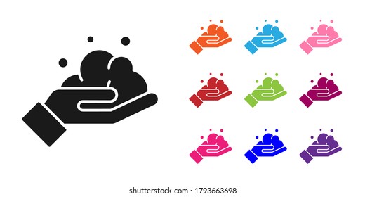 Black Washing hands with soap icon isolated on white background. Washing hands with soap to prevent virus and bacteria. Set icons colorful. Vector Illustration