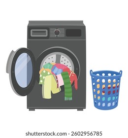 Black washing machine with dirty clothes inside, with clothes basket clipart in cartoon style. Laundry equipment, household appliance vector illustration in flat design isolated on white background. 
