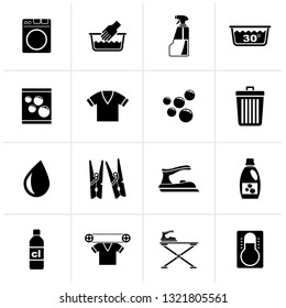 Black Washing machine and laundry icons - vector icon set