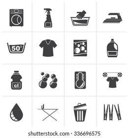 Black Washing machine and laundry icons - vector icon set