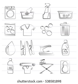 Black Washing machine and laundry icons - vector icon set