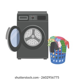 Black washing machine with plastic basket of dirty clothes clipart in cartoon style. Laundry equipment, household appliance vector illustration in flat design isolated on white background. 