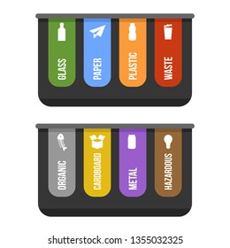 Black waste recycle bin for separate garbage collection. Different colored garbage sections for types of waste - plastic, cardboard, organic, paper, glass, metal, hazardous. Flat vector illustration