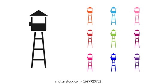 Black Watch tower icon isolated on white background. Prison tower, checkpoint, protection territory, state border, military base. Set icons colorful. Vector Illustration