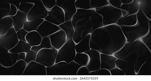Black water caustic light pattern - white ripples reflecting on dark surface with abstract flowing waves. Liquid optical effect with smooth curves for backgrounds, wallpapers and modern graphic design
