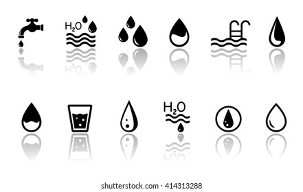 black water concept symbols set with mirror reflection