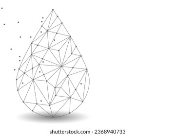 Black water drop. Droplet, raindrop design. Low poly wireframe style. Science, biotechnology, chemistry, medical concept. Water drop form lines, triangles and particle style design