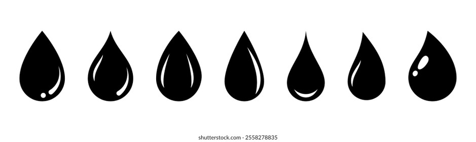 Black water drops. Water or rain drops shape icons set. Raindrops sign in flat style. 