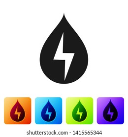 Black Water energy icon isolated on white background. Ecology concept with water droplet. Alternative energy concept. Set icon in color square buttons. Vector Illustration