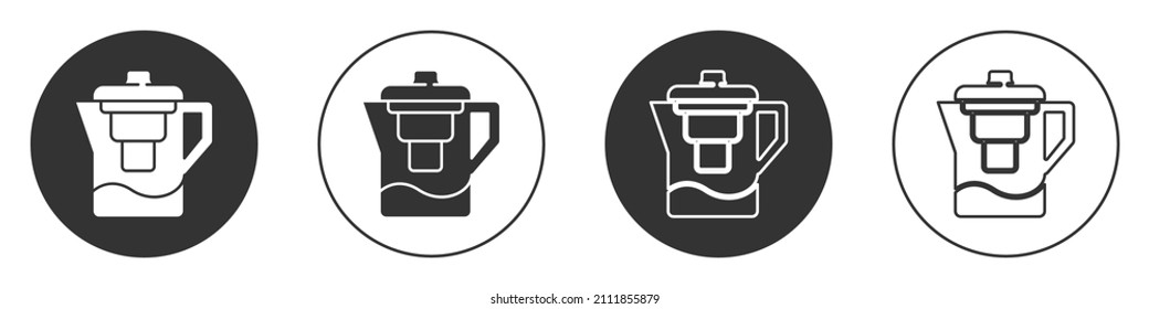 Black Water jug with a filter icon isolated on white background. Circle button. Vector Illustration