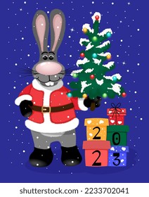 Black water rabbit in Santa Claus costume with presents, holding a Christmas tree. Vector illustration