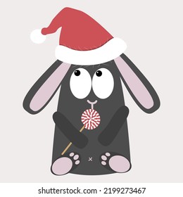 Black water rabbit in santa hat with striped Christmas candy - lolly pop. Vector illustration of the symbol of 2023. Chinese calendar