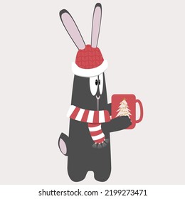 A black water rabbit in a santa hat and scarf drinks a hot drink from a mug. Vector illustration of the symbol of 2023. Chinese calendar