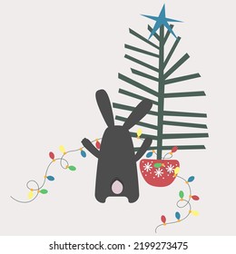 A black water rabbit in a santa hat decorates a Christmas tree with a garland. Vector illustration of the symbol of 2023. Chinese calendar