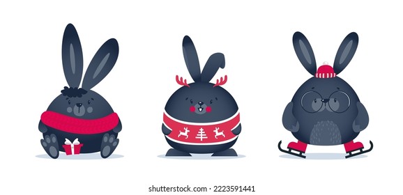 Black water rabbit set. Symbol of New Year 2023. Christmas bunny. Reindeer winter sweater, scarf, hat. Cute animals. Cartoon style. 