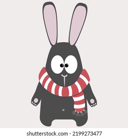 Black water rabbit in a striped Christmas scarf. Vector illustration of the symbol of 2023. Chinese calendar