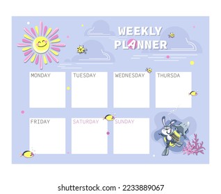 Black water rabbit. Weekly planning. Bunny diver. Horizontal page for entries. Notes page design 