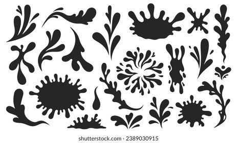 Black water splashes. Abstract wet splatter drops for tattoo design, river wave ripple stain splash simple marine environment doodle. Vector isolated set. Different dirt or ink shapes