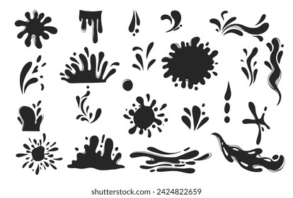 Black water splashes. Abstract wet splatter drops for tattoo design, river wave ripple stain splash simple marine environment doodle. Vector isolated set. Different dirt or ink shapes