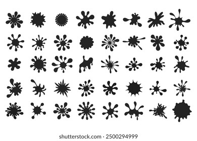 Black water splashes set. Silhouettes Of Black Splashes With Droplets. Water Drop Shapes, Liquid Burst Splashes, Ink Blots With Drops Elements Set. Vector isolated set.