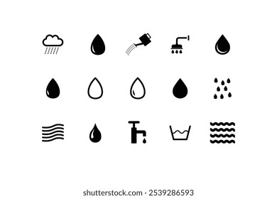 Conjunto de iconos de rociadores de agua negra, silueta de agua y gota, gota e icono de conjunto de ondas, Ilustración vectorial.