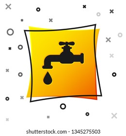 Black Water tap with a falling water drop icon isolated on white background. Yellow square button. Vector Illustration