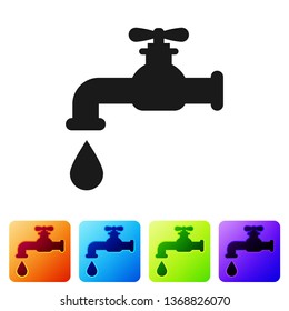 Black Water tap with a falling water drop icon isolated on white background. Set icon in color square buttons. Vector Illustration