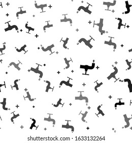 Black Water tap with a falling water drop icon isolated seamless pattern on white background.  Vector Illustration