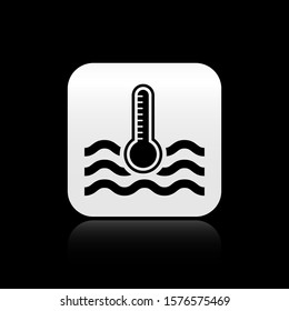 Black Water thermometer measuring heat and cold icon isolated on black background. Thermometer equipment showing hot or cold weather. Silver square button. Vector Illustration