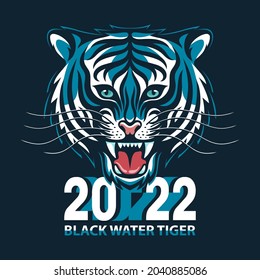 Black water tiger - symbol of the 2022 new year. Head of roaring tiger. Vector illustration.