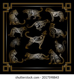 Black water tiger-symbol of 2022. Chinese New Year set. Holiday zodiac sign of animal. Vector illustration.

