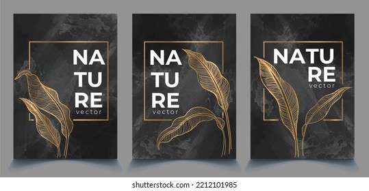 Black watercolor banner with nature gold leaves vector template